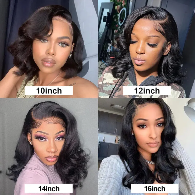 16 Inch Bob Wig Human Hair Body Wave HD Lace Frontal Wigs Pre Plucked for Women Natural Color_voghion.com