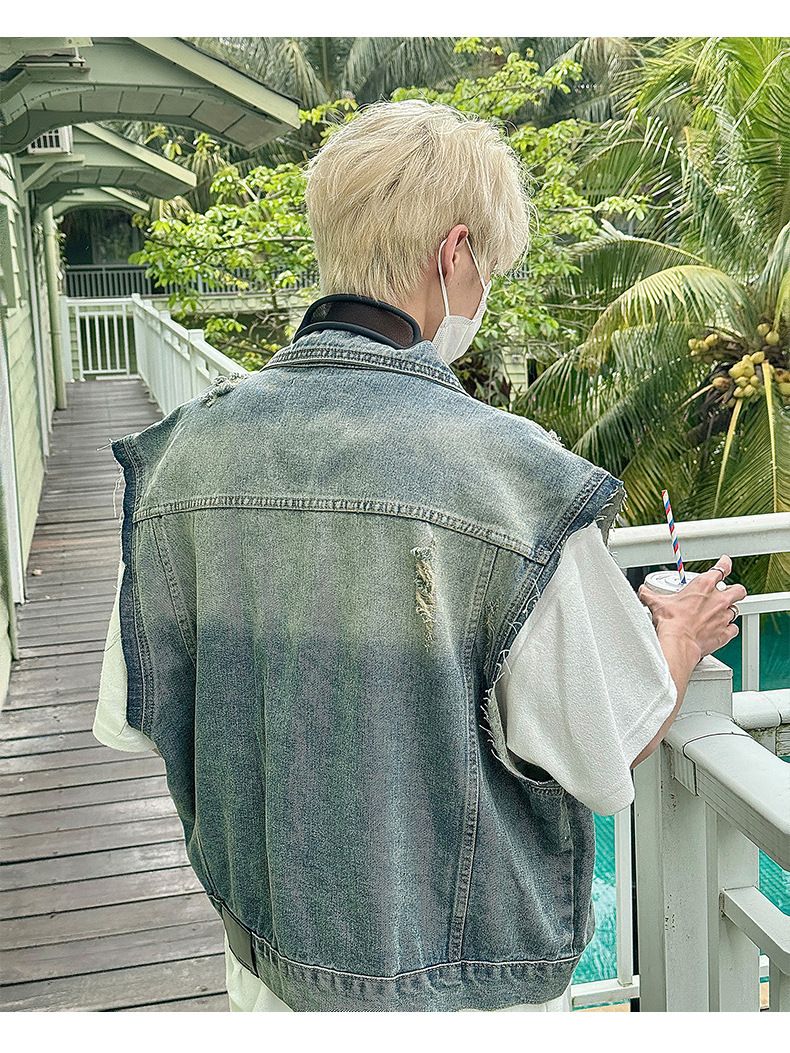 Men's Clothing New Men's Clothing American Retro Niche Design Worn Denim Vest Jacket Ins Men's Washed Old Waistcoat Trend_voghion.com