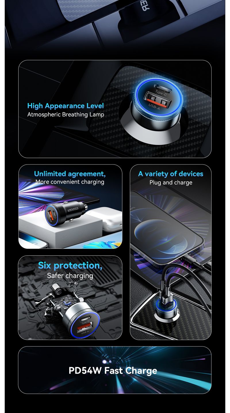 Essager 54W 5A Fast Charging Type C Chhug Chhug Tsu Tsu PD 3.0 SCP USB Car For Xiaomi Samsung Iphone Charger_voghion.com