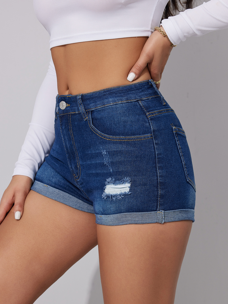 pantaloncini di jeans strappati snellenti elastici a vita alta alla moda per le donne_voghion.com