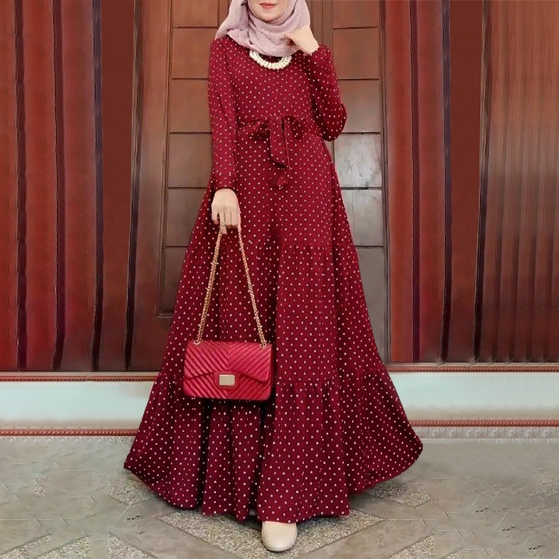 Muslimische Damenbekleidung in Übergröße für Damen, gepunktetes, elegantes Kleid, langärmliges, schwingendes Kleid_voghion.com
