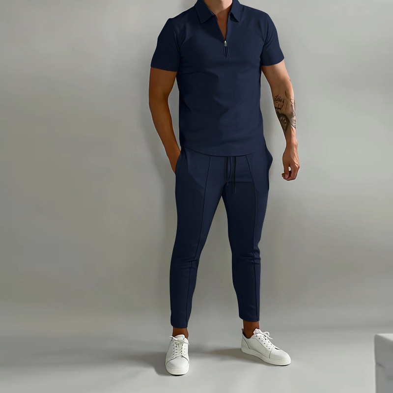 2024 Nieuwe 3D-geprinte effen polobroek met korte mouwen, casual set voor heren_voghion.com
