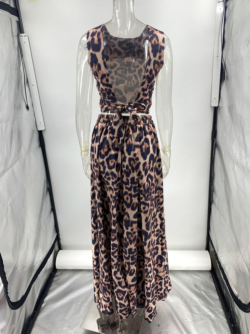 Ensemble deux pièces haut et jupe imprimé léopard pour femme_voghion.com