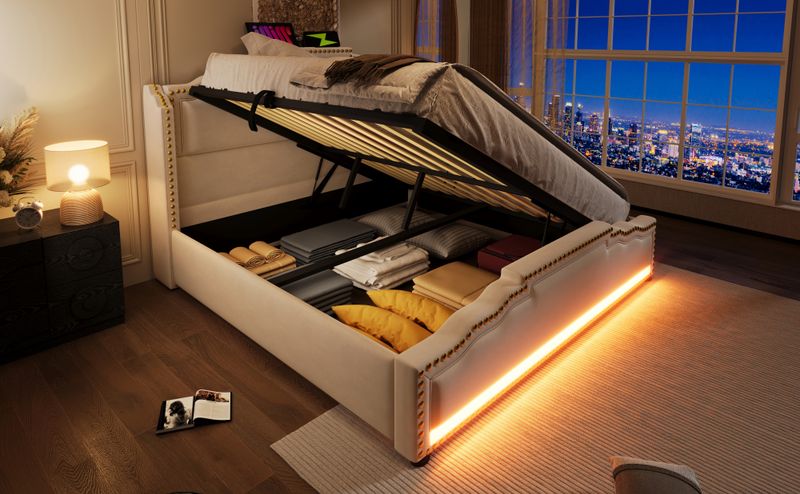 Lit double 140 x 200 cm avec coffre hydraulique, éclairage LED et port de charge USB-C, lit coffre avec sommier à lattes, velours beige, matelas inclus_voghion.com
