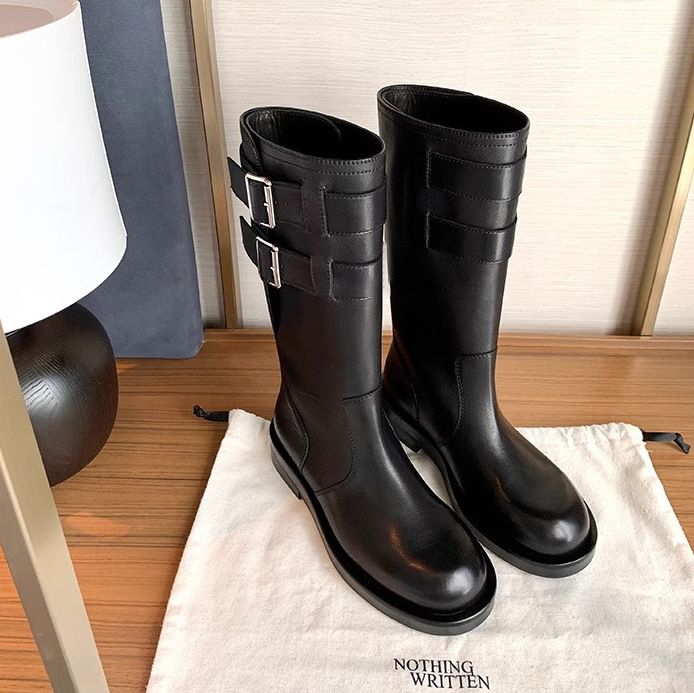 Cowhide ~ Su Yinyin Same Style Norway Debut Thick Sole Chunky Heel Double Buckle Strap Mid-Calf Long Women' Riding_voghion.com