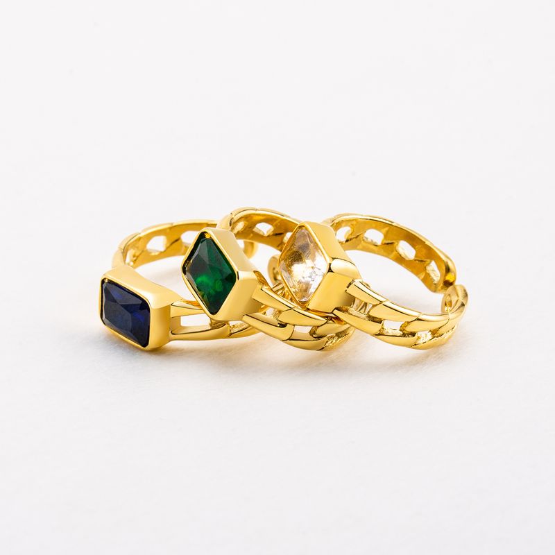 Light Luxury INS Style Trendy Titanium Steel Gold-Plated Cuban Chain Transparent Green Blue Diamond Open Ring_voghion.com