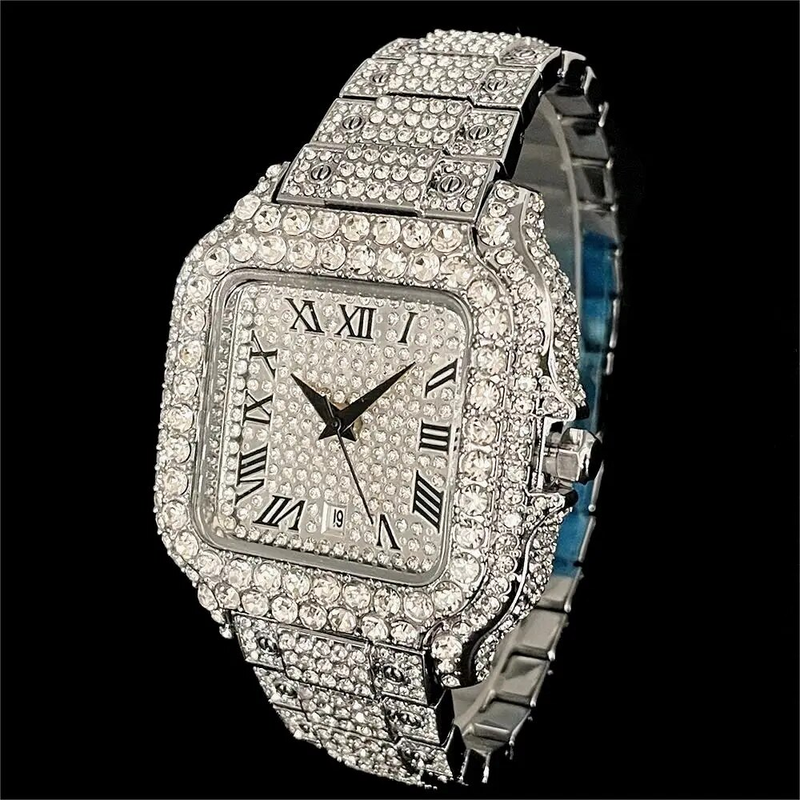 2023 Nieuwe Iced Horloge Herenmode Merk MISSFOX Automatische Datum Roestvrijstalen Klok Hip Hop Diamant Vierkant Goud_voghion.com