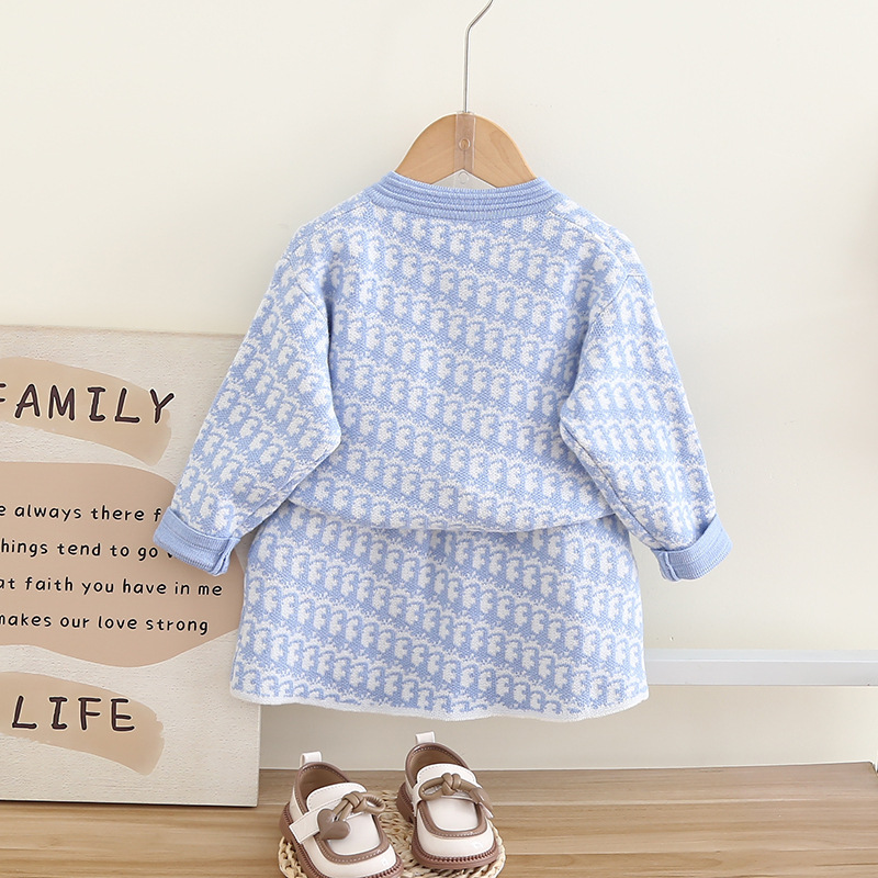 Kinder Pullover Kleid Kleine Duftende Wind Weibliche Herbst Und Winter Bogen Zwei-stück Lange-ärmeln Strickjacke Pullover Kleid_voghion.com