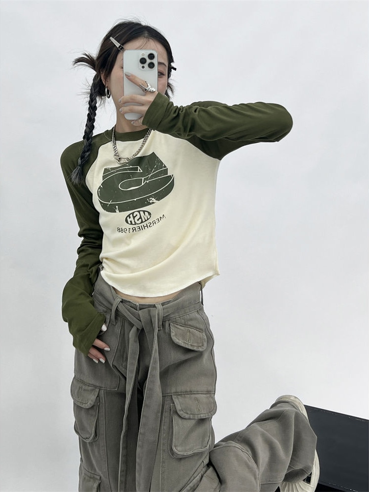 HOUZHOU Vintage Y2K Patchwork Groene T-shirts Vrouwen Hippie Streetwear T-shirts met lange mouwen Vrouwelijke Kpop Retro Herfst Crop_voghion.com