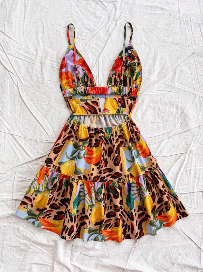 Rochie de damă sexy, cu imprimeu leopard, decoltată, cu bretele adânci în V și spate expus, 2025_voghion.com