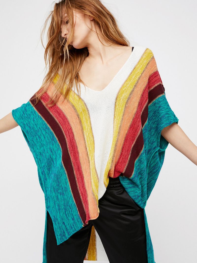 Women's Rainbow Stripe Knitted Beach Cover-Up – Lightweight Crochet Bikini Swimsuit Outerwear For Vacation & Poolside (One Size)_voghion.com