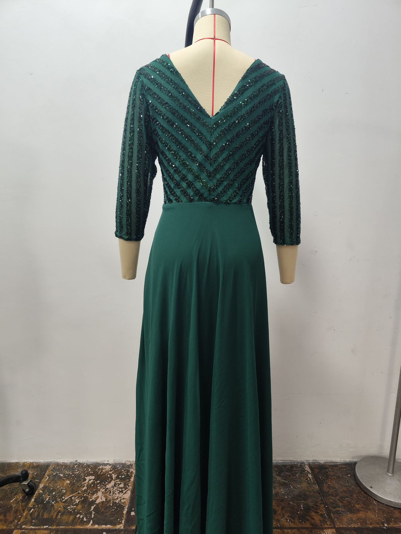 Women's chiffon double V-neck long skirt A-line large hem sequined stitching evening dress_voghion.com