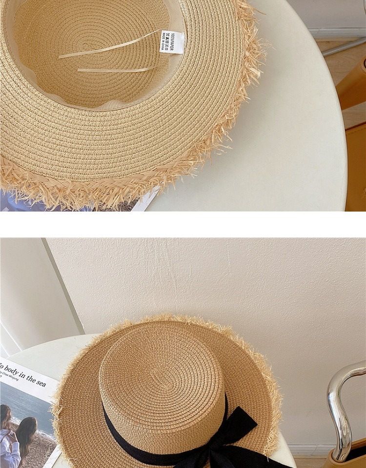 Allsidig strå med pelsbrem for kvinners sommerutflukter, solhatt med flat topp, liten, frisk sløyfelignende strandhatt_voghion.com