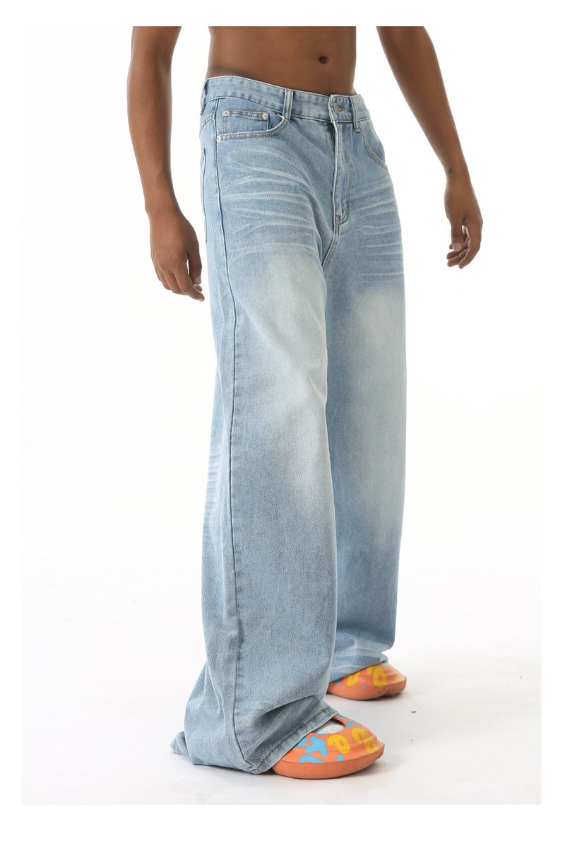 EF JEANS | 2024 Yeni Amerikan Yıkanmış Kırışık Tasarım Duygusu Düz Paspas Eski Açık Mavi Kot Pantolon_voghion.com