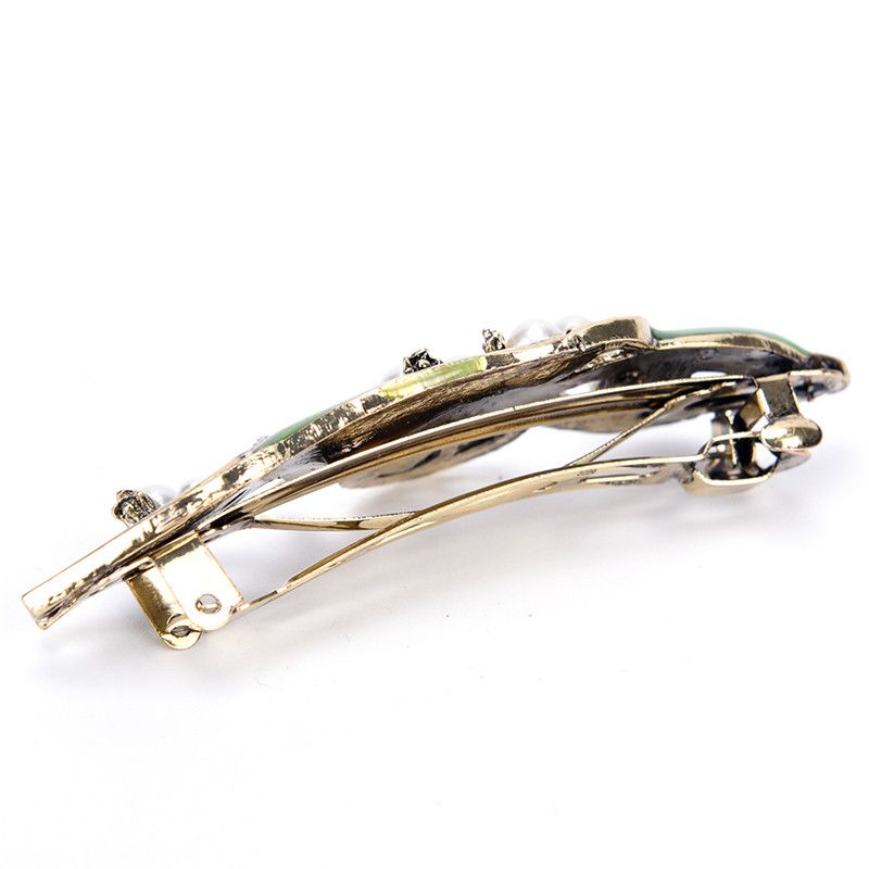 Fashion Women Retro Enamel Leaf Barrettes Ancient Bronze Alloy Hairpin Girls Folwer Hair Clip Pearl Hair Accessories_voghion.com