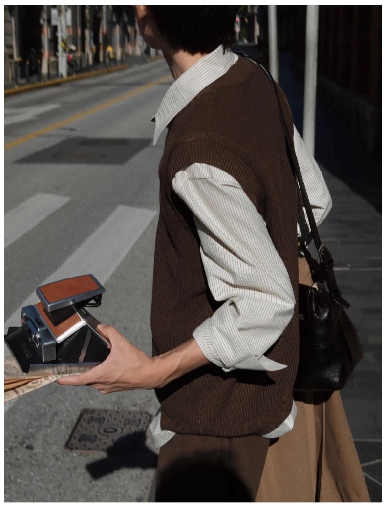 Colete de lã masculino – Colete de malha casual para negócios para escritório e viagens (preto/marrom, tamanhos P-XG)_voghion.com