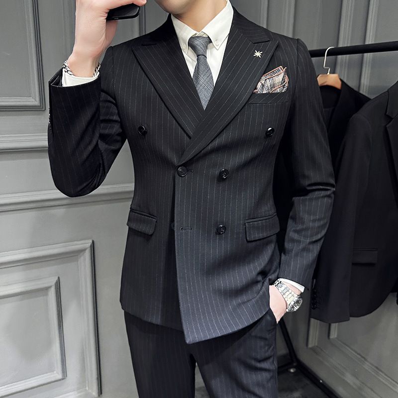 Britu stila moderns svītrains divrindu vīriešu līgavaiņa, līgavaiņa, kāzu kleitas, trīsdaļīga uzvalka komplekta tendence_voghion.com