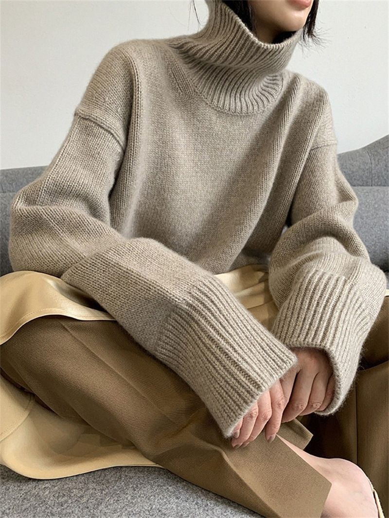 Women's Oversized High Neck Sweater - Soft Knit Pullover With Relaxed Fit, Cozy Winter Casual Tops In Solid Colors (Gray, Camel, Beige, Black, Red)_voghion.com