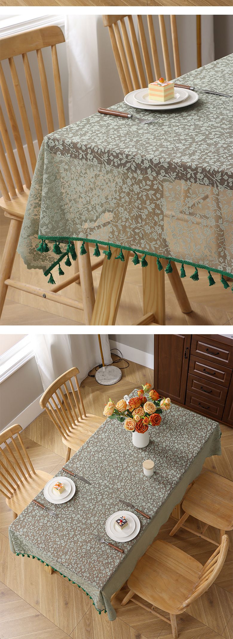 Tischdecke mit Spitzenblumenmuster und Quasten – 130 x 180 cm, rechteckig, Polyestergewebe, rutschfest, für Bauernessen, Fotografie und Teepartys_voghion.com