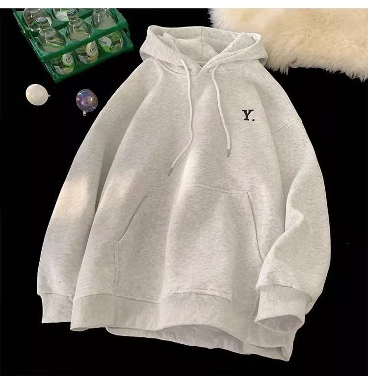 Felpa con cappuccio e stampa di lettere in velluto Silver Fox, versione coreana, stile coppia, giacca sportiva casual autunnale e invernale per uomo_voghion.com
