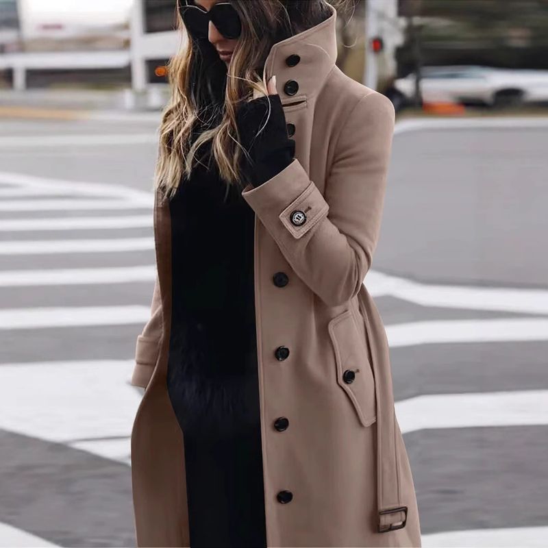 Women's Slim Fit Wool Blend Trench Coat Long Overcoat With Pockets For Office & Casual Wear_voghion.com