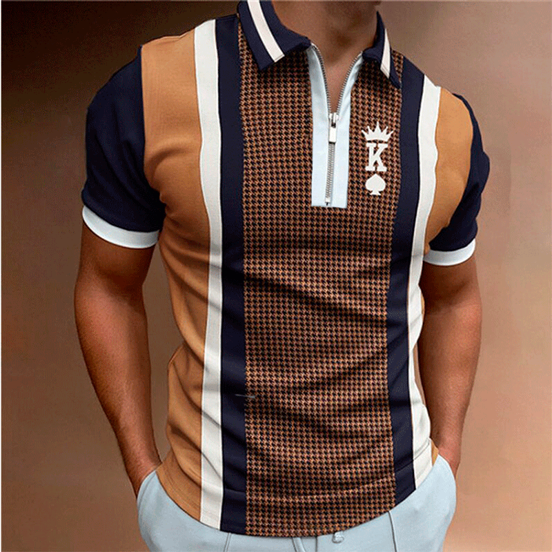 Kurzarm-Poloshirt für Herren, lässig, gestreift, kariert, mit Reißverschluss, Pullover_voghion.com