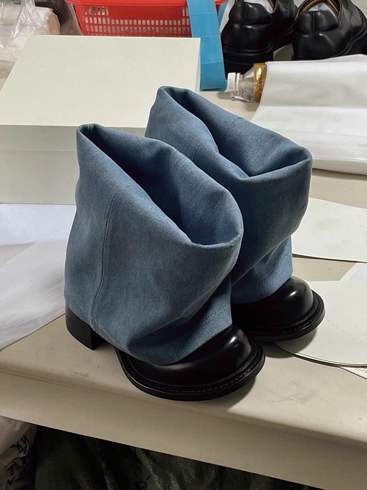 Große Größe Jeans Tube 2025 Frühjahr und Sommer Neue Runde Kopf Kurzen Absatz Schlank Mode Stiefel_voghion.com