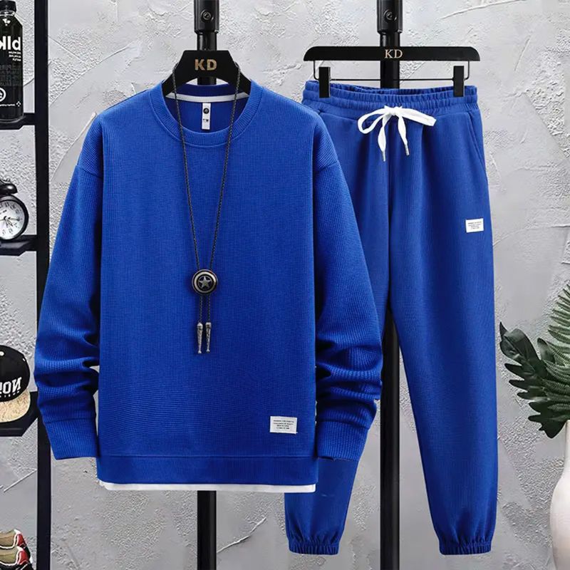 Conjunto deportivo de punto gofrado para hombre: dos piezas transpirables para estar en casa y para la calle (M-5XL, 95 % poliéster, antibolitas, estilo "Run to Campus Core")_voghion.com