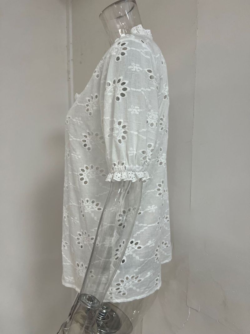 Bestickte Kurzarmbluse für den Sommer für Damen – Freizeithemd mit Blumenmuster und Schnürung, lockere Passform, atmungsaktive Polyestermischung, bequem und stilvoll_voghion.com