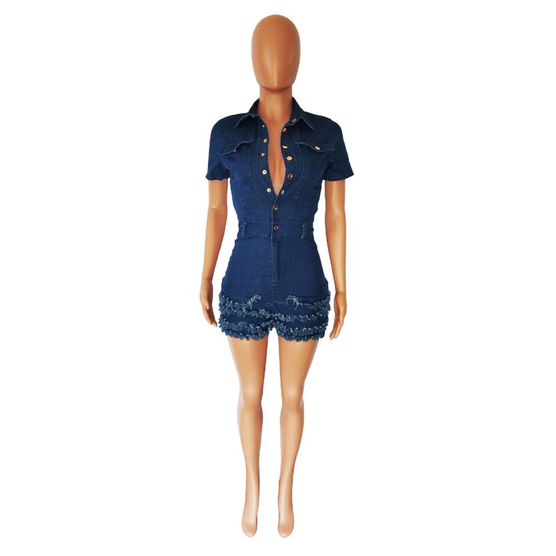 Women's fashion slim-fit denim romper with fringe and fur edge_voghion.com