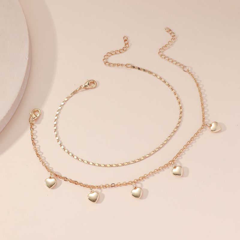 Fashion Simple Double Layer Inlaid Diamond Anklet For Women, Unique Creative Heart Pendant Beach Chain_voghion.com