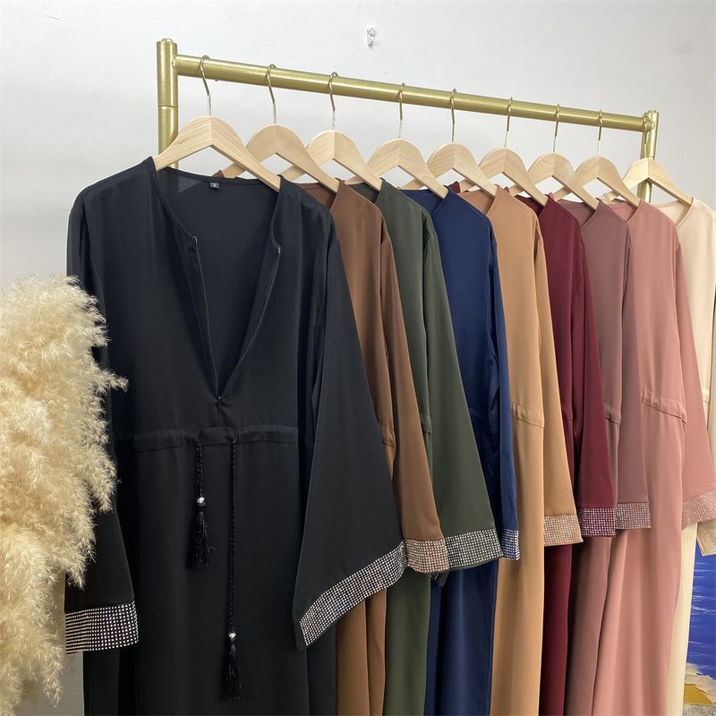 Ramadan moslim vrouw jurk vooraan rits verborgen riem Dubai abaya mouwen met zilveren rand ontwerp Marokkaanse kaftan koninklijke vrouwen rood_voghion.com