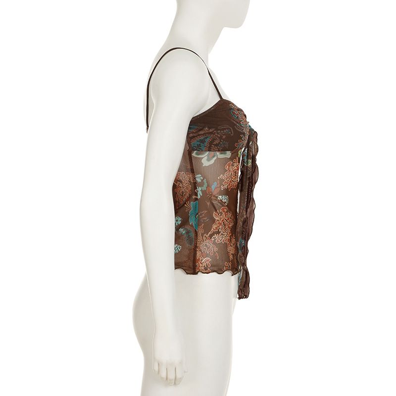 Väriprintti, V-aukkoinen, pienikokoinen sukkanauhallinen naisten kevät 2025, väriä blokkaava, vartalonmyötäinen, laskostettu, läpinäkyvä toppi_voghion.com