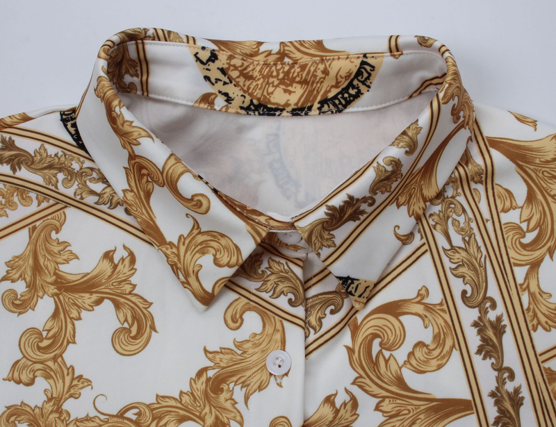 Γυναικείο μοντέρνο πουκάμισο με καυτά prints και πολύχρωμη φούστα_voghion.com