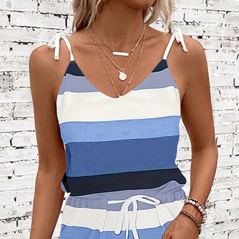 2025 Sommer Damen Hosenträger Kordelzug Lose Farbe Gestreiften Weste Kleid_voghion.com