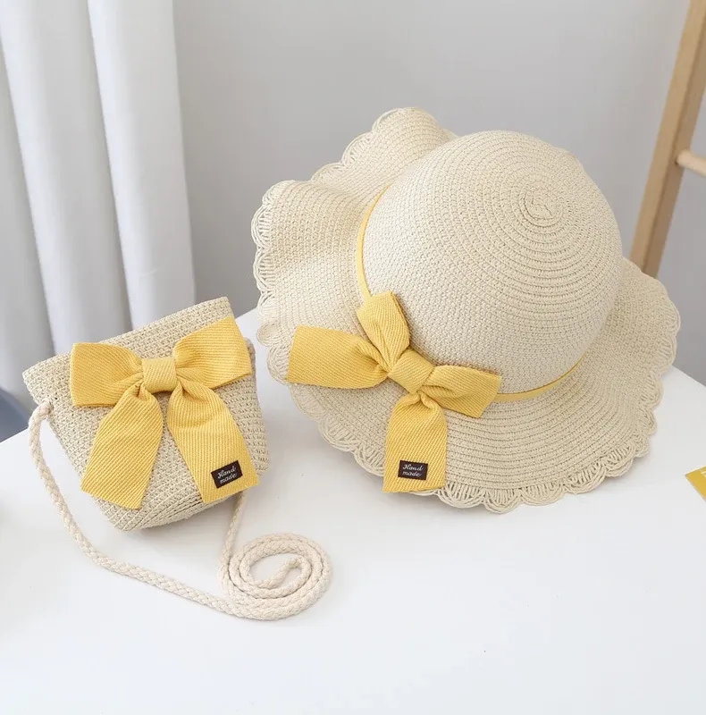 Offre spéciale 2 pièces enfants paille et épaule ensemble extérieur filles casquette d'été mignon nœud voyage plage chapeau de soleil sac_voghion.com