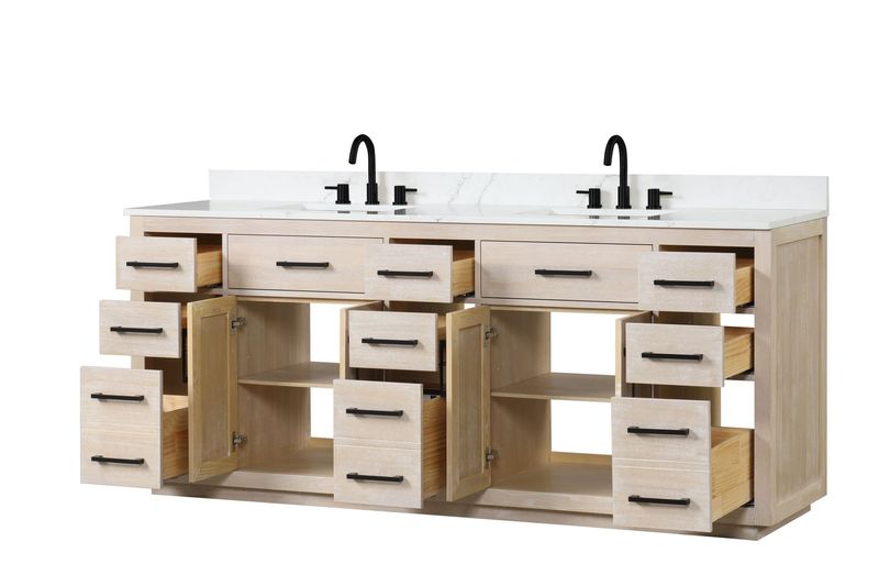 84" Bathroom Vanity With Double Sink, Modern Bathroom Vanity Set With Soft-Close Cabinet And 9 Drawers, Solid Wood Bathroom Storage Cabinet With Countertop And Backsplash, Milk Oak_voghion.com