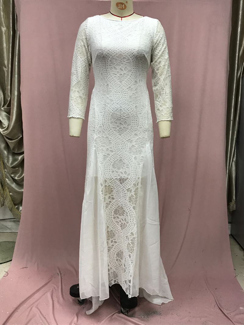 Damesjurk Ronde hals Lange mouw Holle rugloze kant Celebrity Banket Trouwjurk_voghion.com