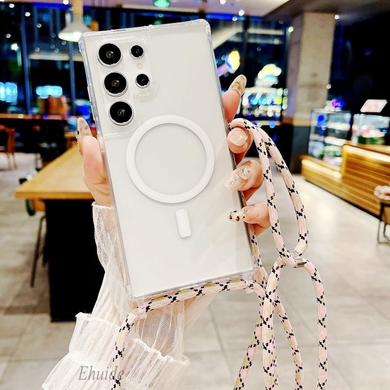 Magnetický popruh pro Samsung Galaxy S25 Ultra S23 S24 Plus S25Plus Crossbody Lanyard Průhledný bezdrátový nabíjecí kryt_voghion.com