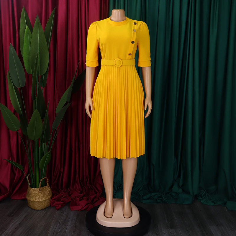 Robe de commerce extérieur plissée à boutons de couleur unie de style africain pour femmes automne et hiver_voghion.com