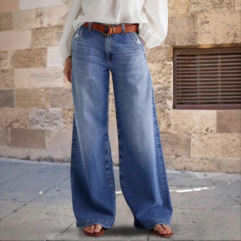 Vintage Wide-leg Jeans Women's Embroidered Stretch Straight Pants Casual Trousers_voghion.com