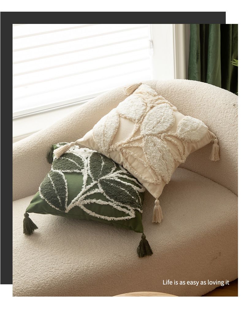 Federa per cuscino con motivo a foglie nordiche - Federa per cuscino in misto lino 45x45 cm per divano/letto (verde/beige) - Opzioni ricamo e pois trapuntati_voghion.com