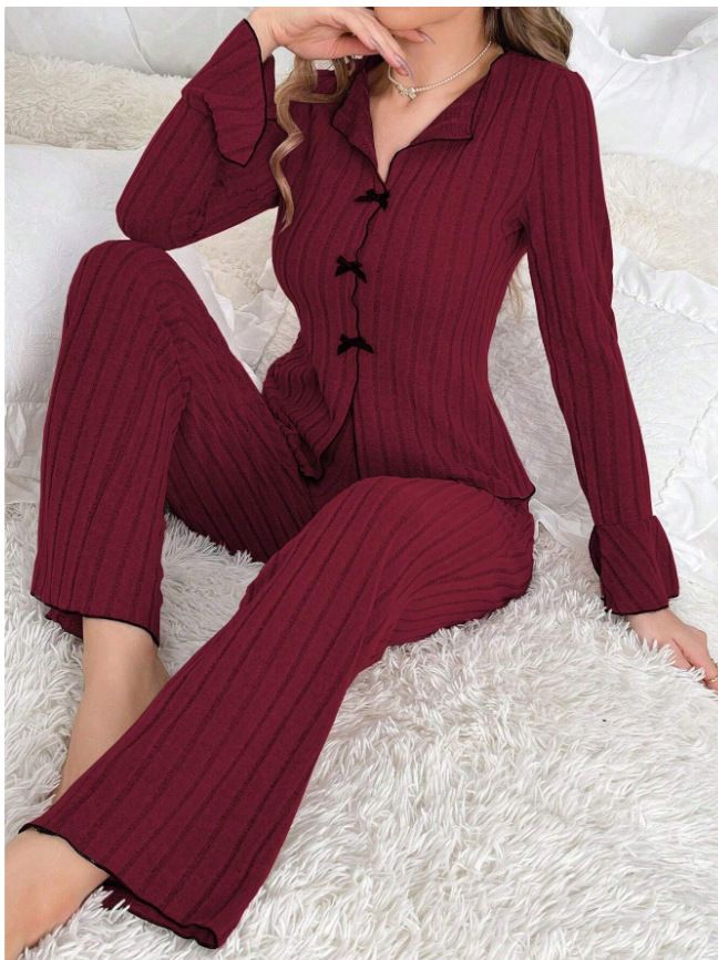 New Autumn Winter Turn-down Collar Sleeve Long Pants Women's Pajama Set Loungewear_voghion.com