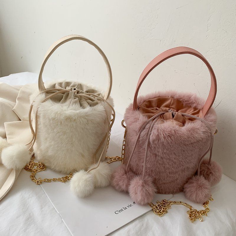 Borsa a tracolla monospalla con coulisse, antifurto, pompon, in peluche, per donna, alla moda, secchiello_voghion.com
