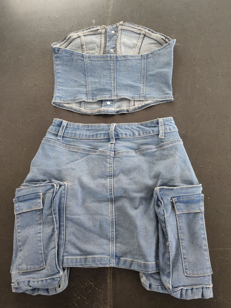 Women's Clothing Fashion Retro Strapless Short Tube Top Buttoned Elastic Washed Denim Suit_voghion.com