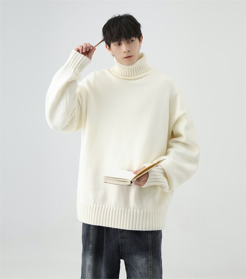 QOTRIOCK Turtleneck For Men Winter Loose Solid Color Fleece Lined Thickened Warm Couple Knitted Base Shirt Sweater_voghion.com