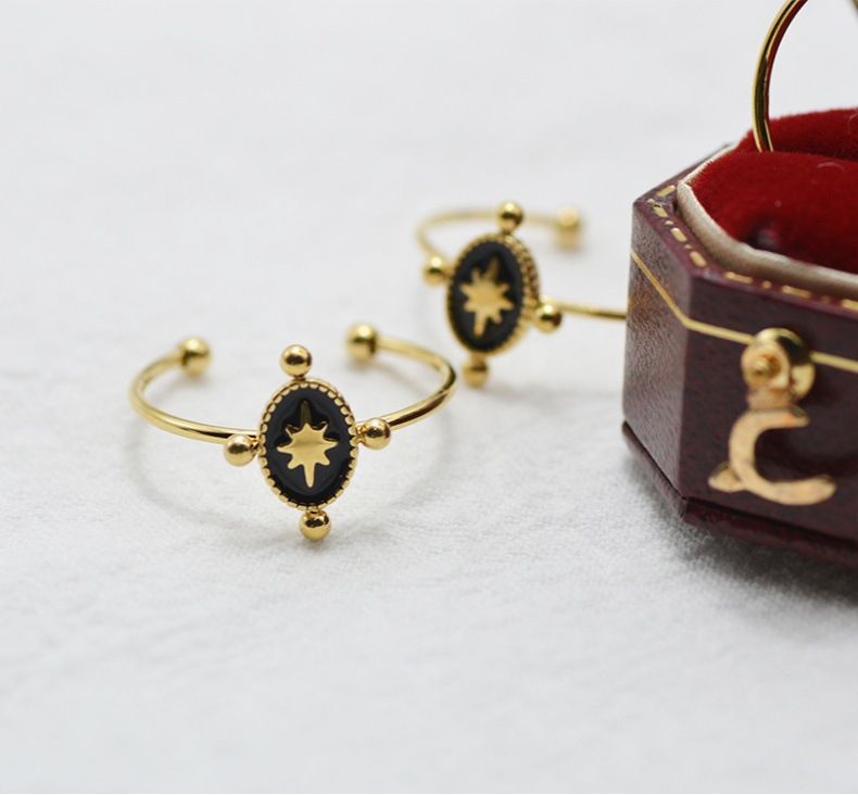 Öltropfender Titanstahlring verblasst nicht Französischer Retro-Stern-Ovalring Offener Fingerring K Gold_voghion.com
