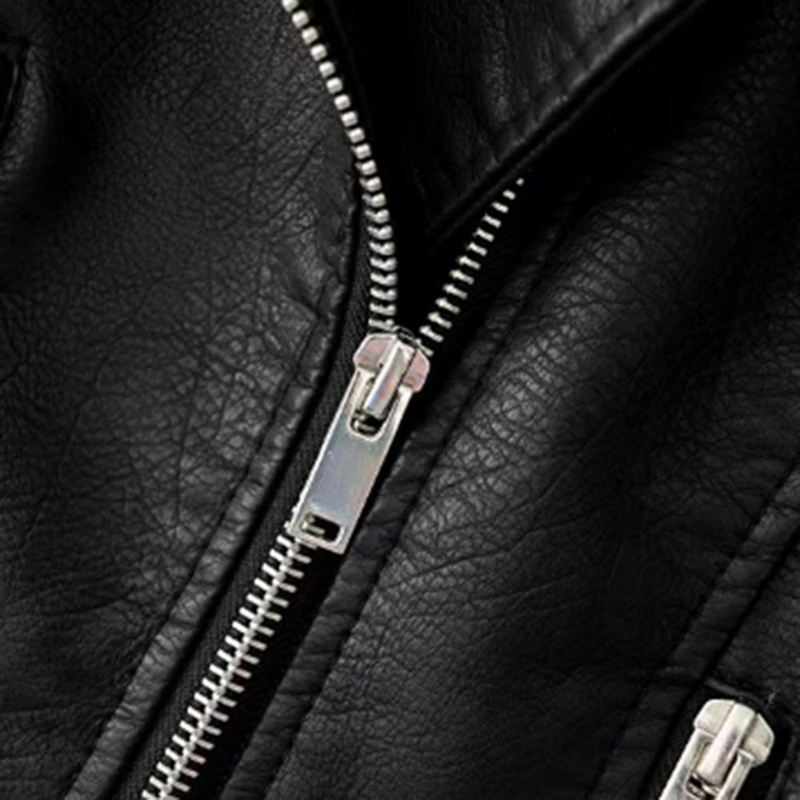 Lady Leather Long Sleeve Lapel Zipper Button Pocket Motorcycle Jacket Short Coat_voghion.com