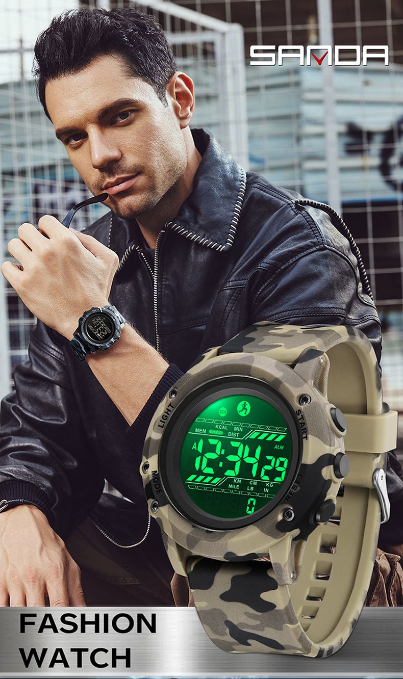 Multifunktionale digitale Sportuhr mit Camouflage-Design – Schrittzähler, Kalorienzähler, Alarm, wasserdicht bis 50 m, zwei Zeitzonen, LED-Hintergrundbeleuchtung_voghion.com