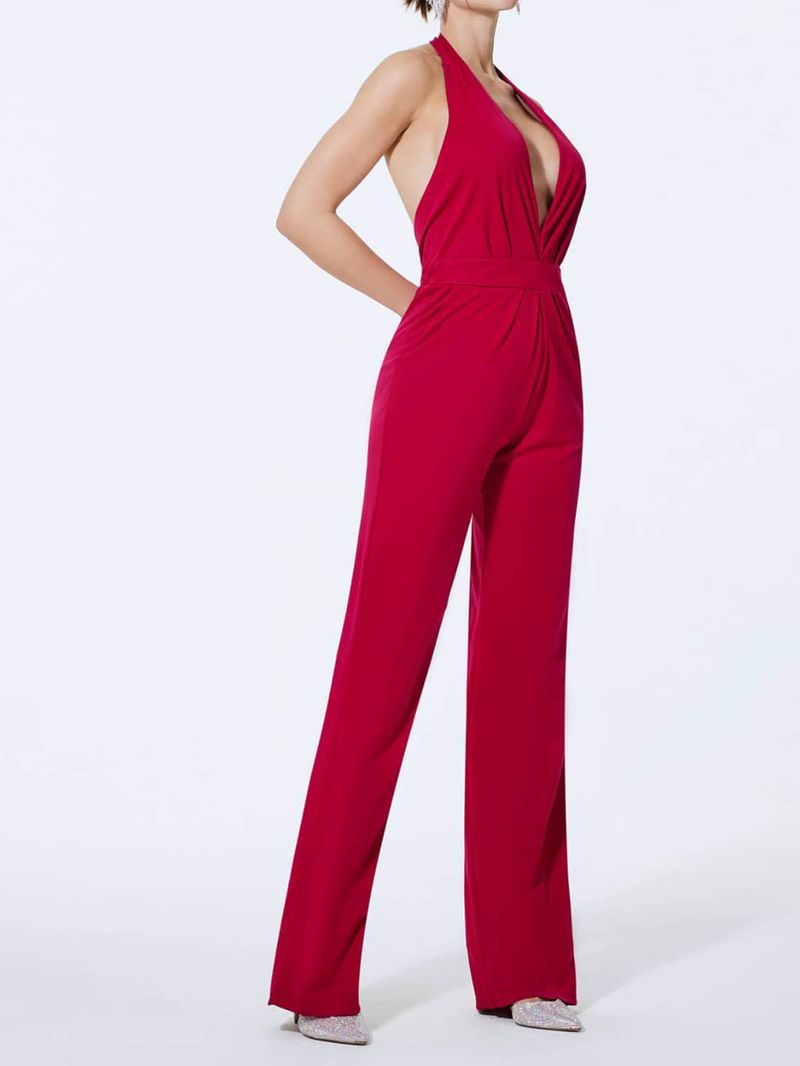 Elegante halternek jumpsuit voor dames - Lange mouwloze jumpsuit met V-hals, rekbaar polyester, halfhoge taille - (S-2XL)_voghion.com
